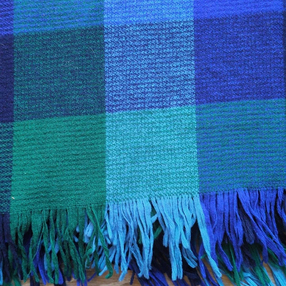 RARE Color Vtg Faribo Wool Blanket Blue Green Plaid Fringed Picnic Stadium 64x50